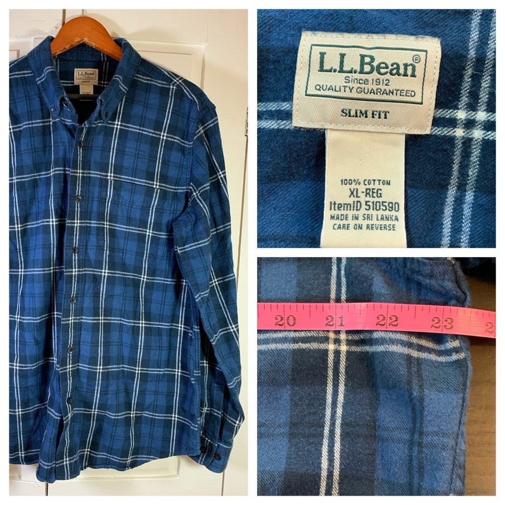 LL Bean Blue Plaid Flannel Shirt Men XL Slim Fit Cabin Preppy Chores Work 510590